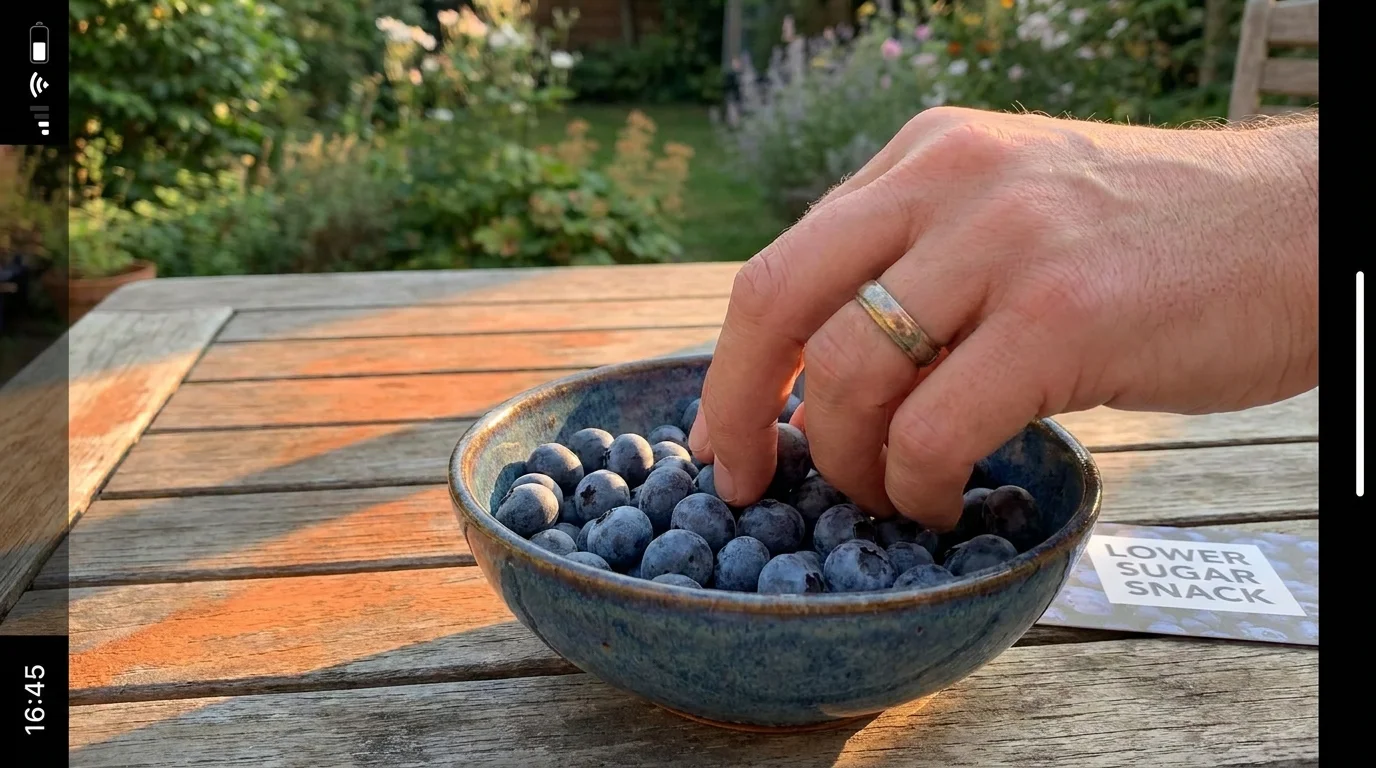 A person taking a handful of fresh, dark blue blueberries from a bowl in the afternoon sun.