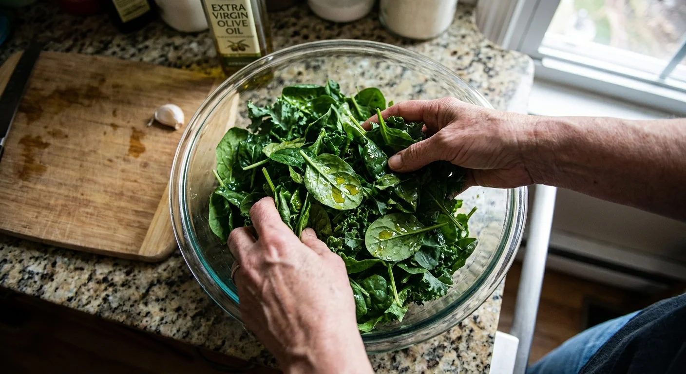 A person tossing fresh kale and spinach with olive oil in a glass bowl in a home kitchen.