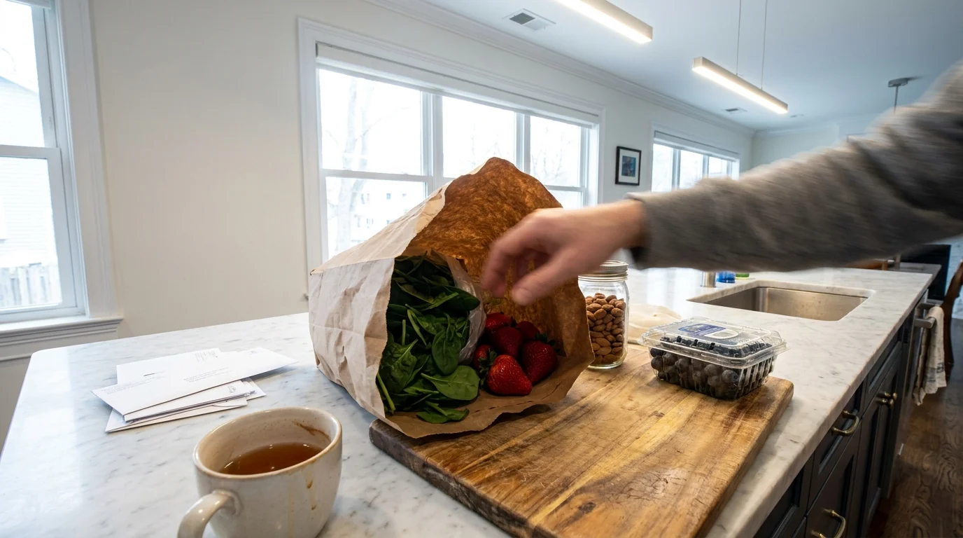A person unpacking fresh, colorful produce from a grocery bag onto a kitchen counter in a bright home setting.
