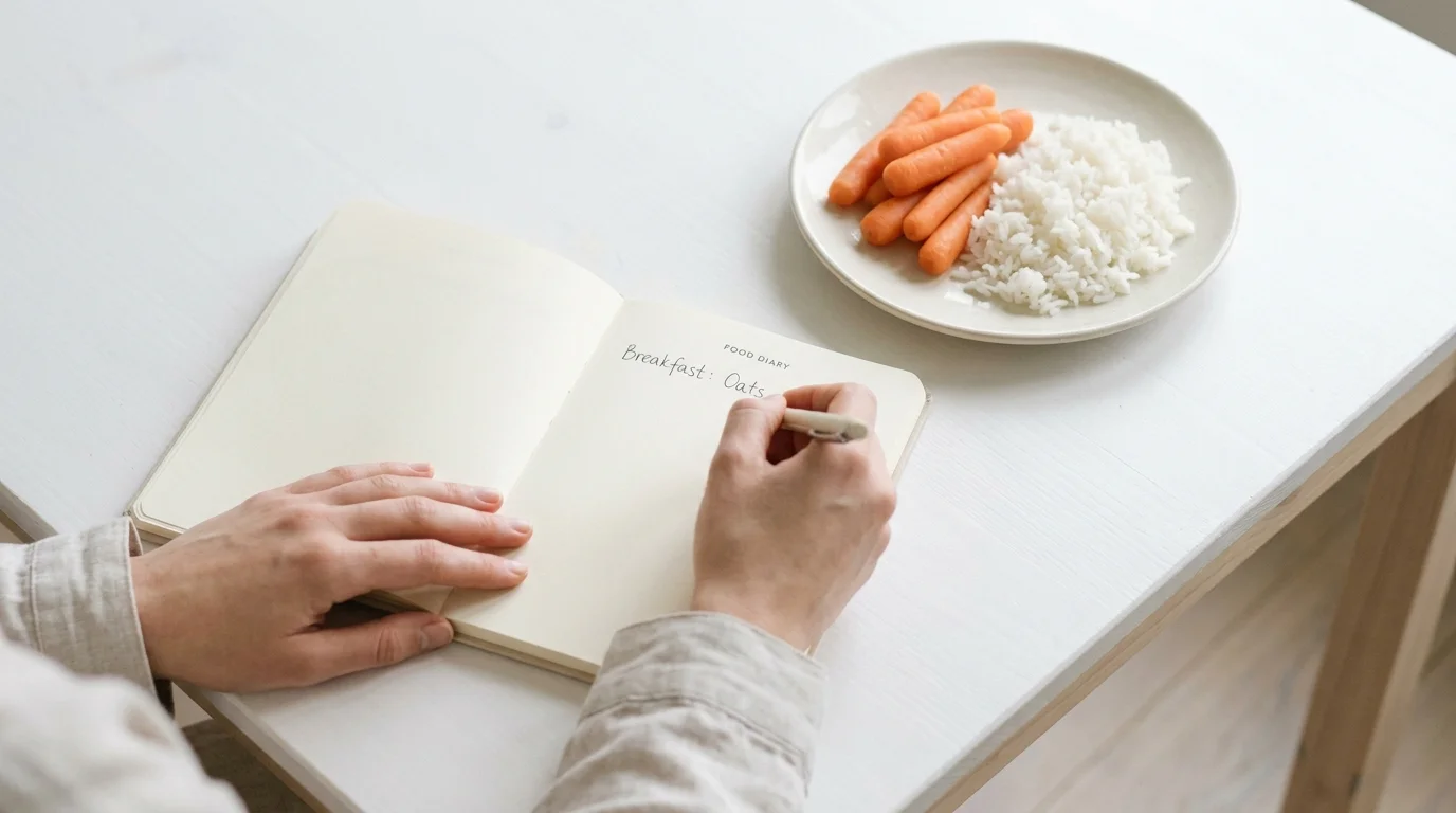 A person writing in a food diary next to a plate of healthy food, showing the process of meal planning.