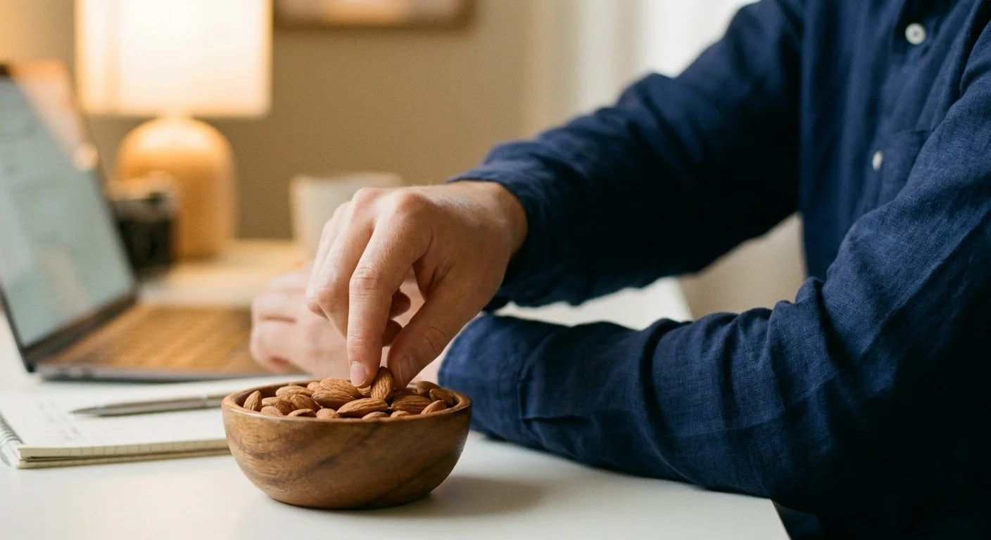 A person's hand reaching for a handful of almonds in a wooden bowl on a desk.