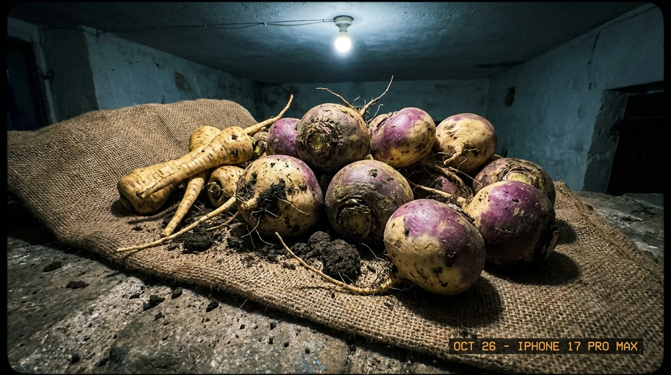 A pile of unwashed parsnips and turnips with bits of soil on a burlap sack in a dimly lit cellar.
