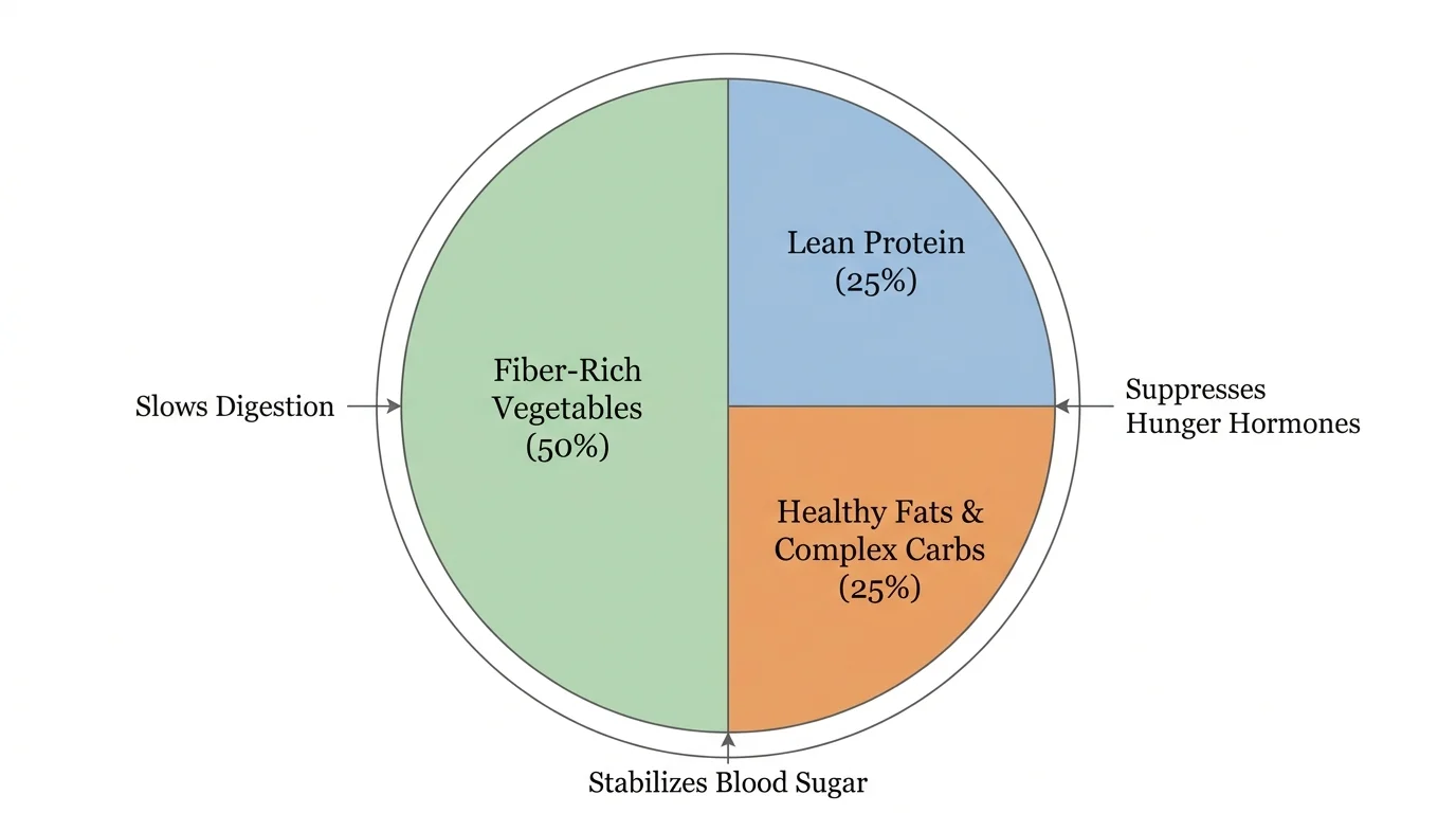 A plate diagram showing the ideal ratio of fiber, protein, and healthy fats to manage hunger.
