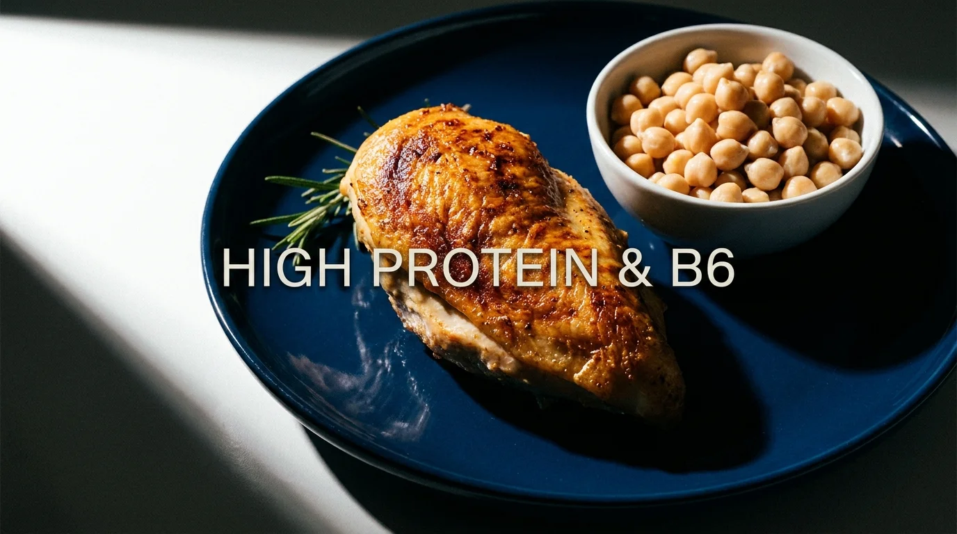 A plate with roasted chicken and chickpeas, providing a high-concentration source of Vitamin B6.