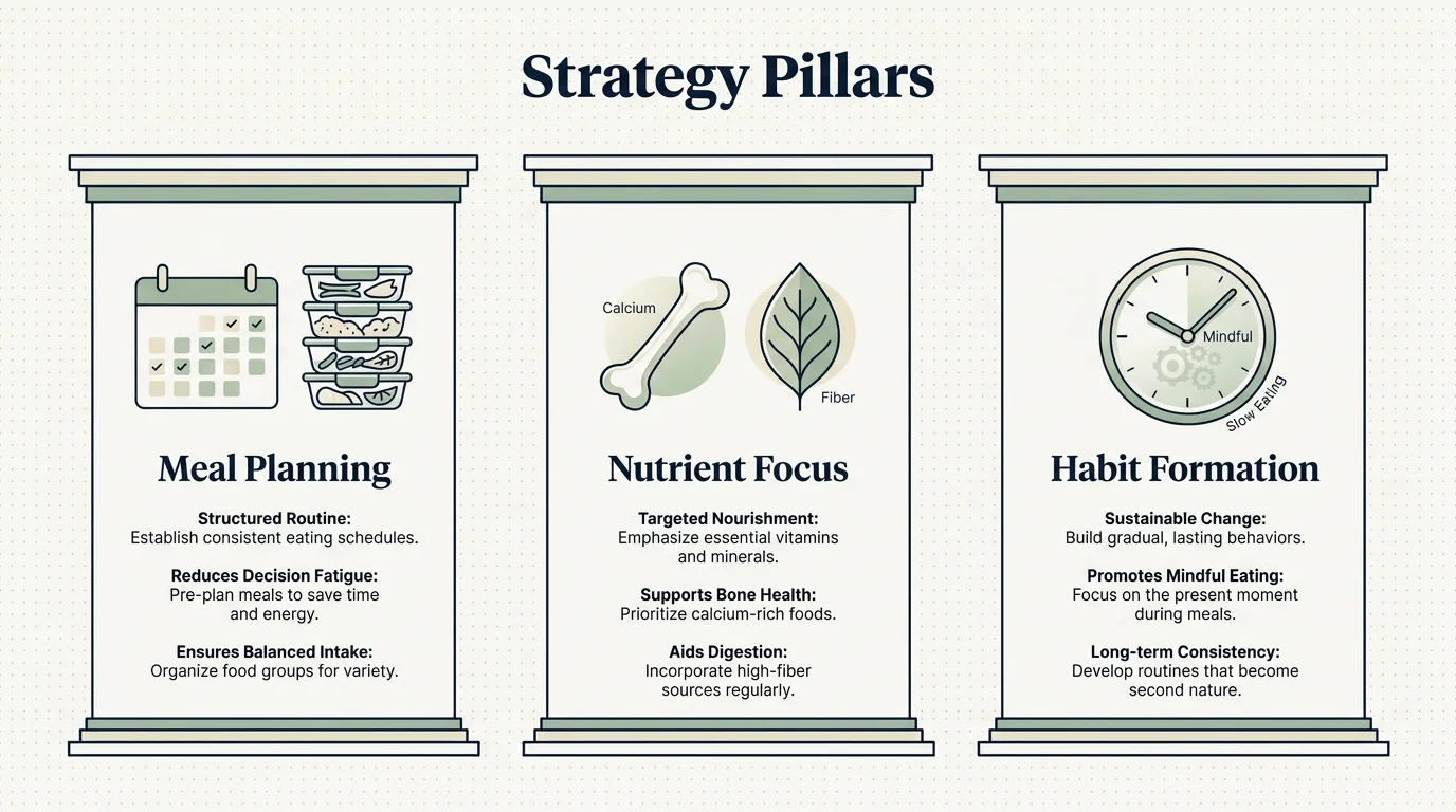 A professional infographic showing three pillars of digestive health: Meal Planning, Nutrient Focus, and Habit Formation.