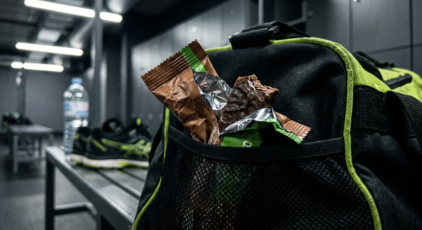 A protein bar in an open wrapper resting on a gym bag, showing its chocolate coating.