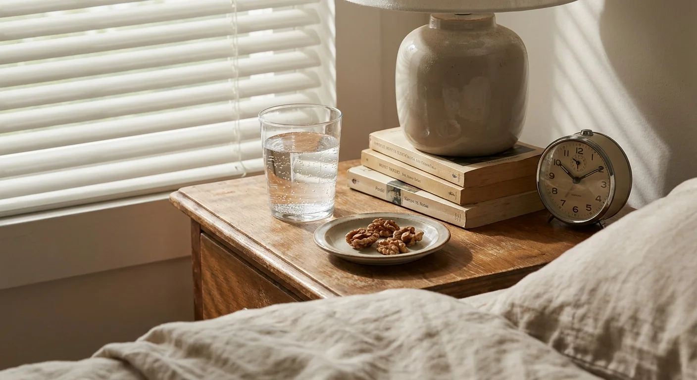 A quiet morning photo of a glass of water and walnuts on a nightstand in the early light.