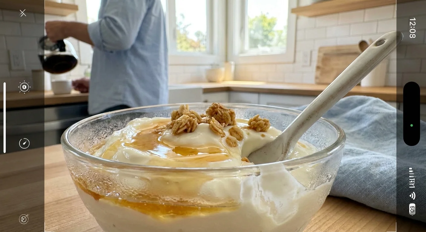 A real-life photo of a bowl of Greek yogurt with honey and granola on a kitchen counter.