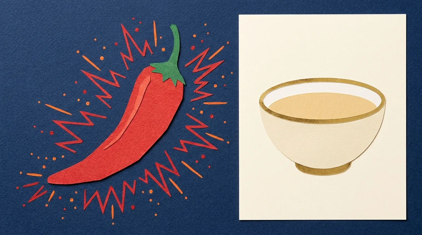 A red paper-cut chili pepper with radiating heat lines next to a calming bowl of mild soup.
