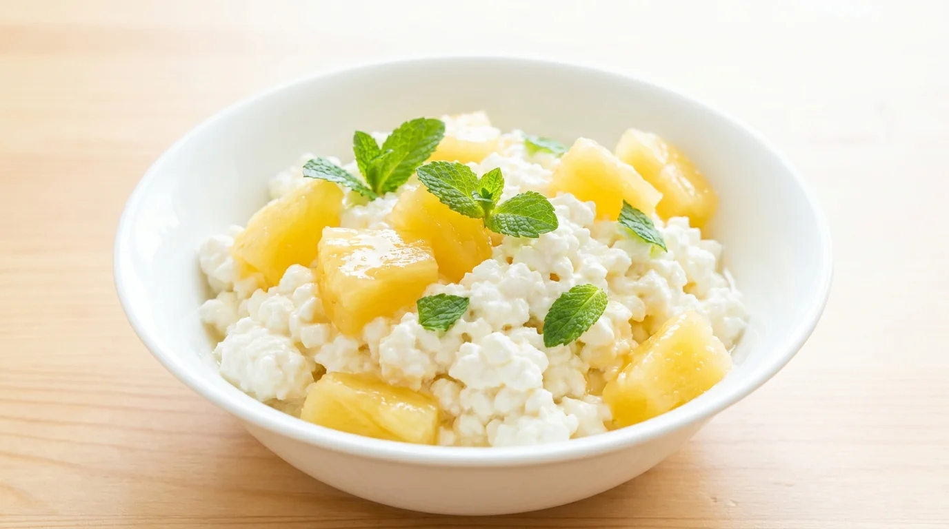 A refreshing bowl of creamy cottage cheese topped with bright yellow pineapple chunks and fresh mint.