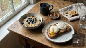 A rustic wooden table with a breakfast of oatmeal, berries, poached eggs on toast, and walnuts in natural morning light.