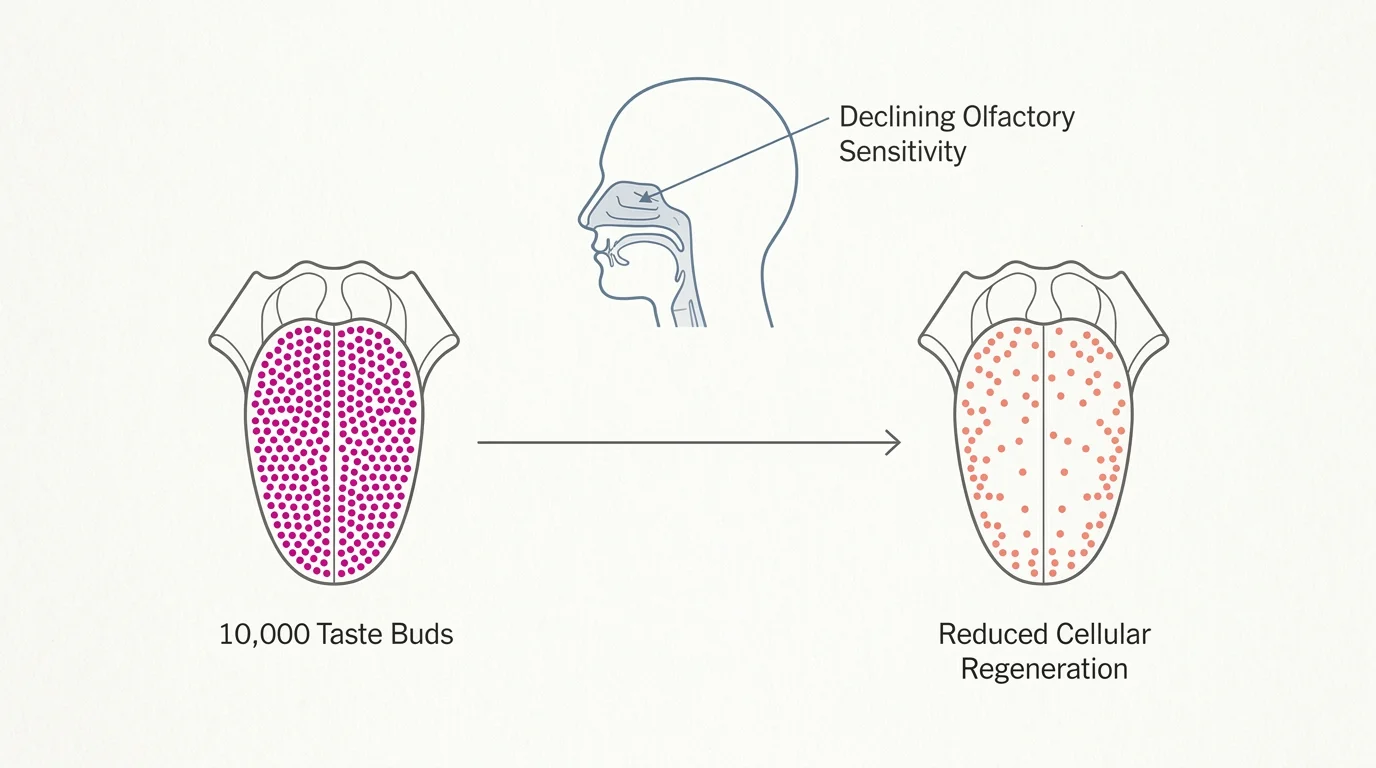 A scientific diagram comparing 10,000 taste buds in youth to reduced taste and smell sensitivity in older age.
