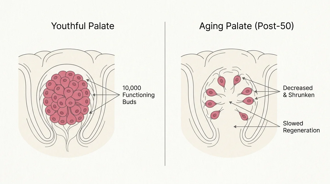 A scientific diagram comparing a dense youthful palate with 10,000 taste buds to a sparser aging palate after the age of 50.