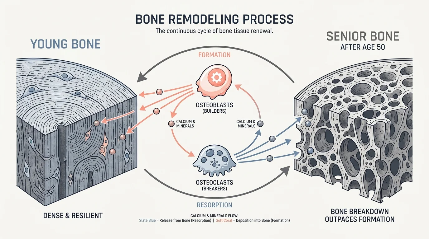 A scientific diagram comparing dense young bone to porous senior bone, illustrating the roles of osteoblasts and osteoclasts.