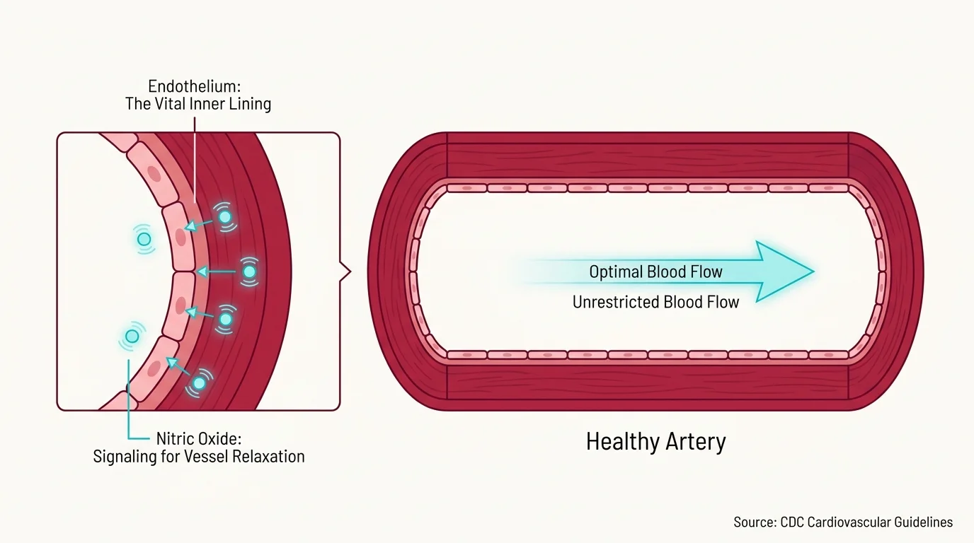 A scientific diagram showing a cross-section of a healthy artery with labels for the endothelium and nitric oxide signaling.