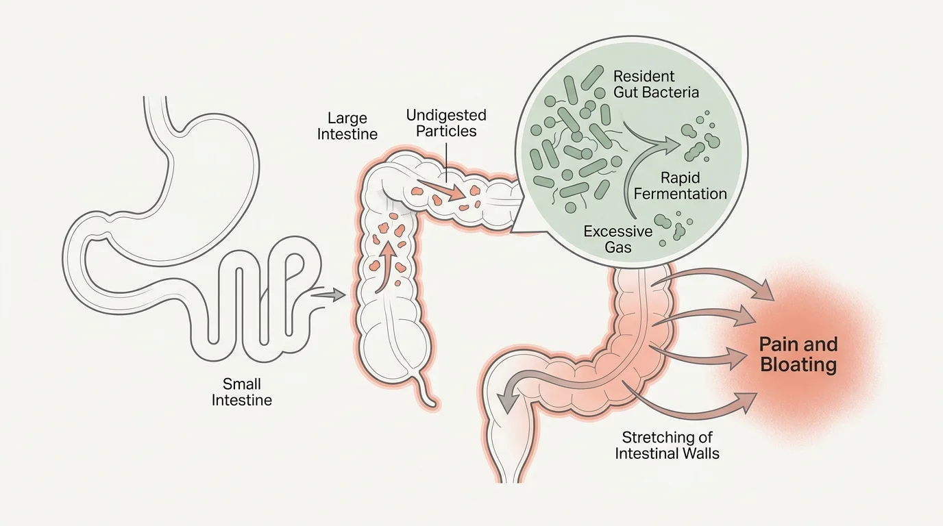 A scientific diagram showing how undigested food particles ferment in the large intestine to cause gas and bloating.