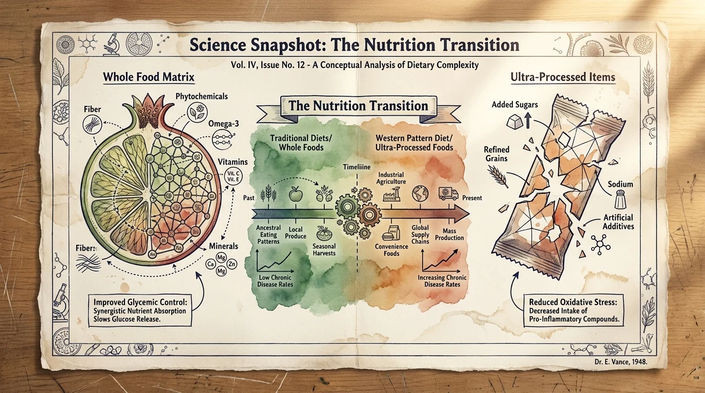 A scientific watercolor diagram comparing the nutrient matrix of whole foods versus processed items on a historical timeline.