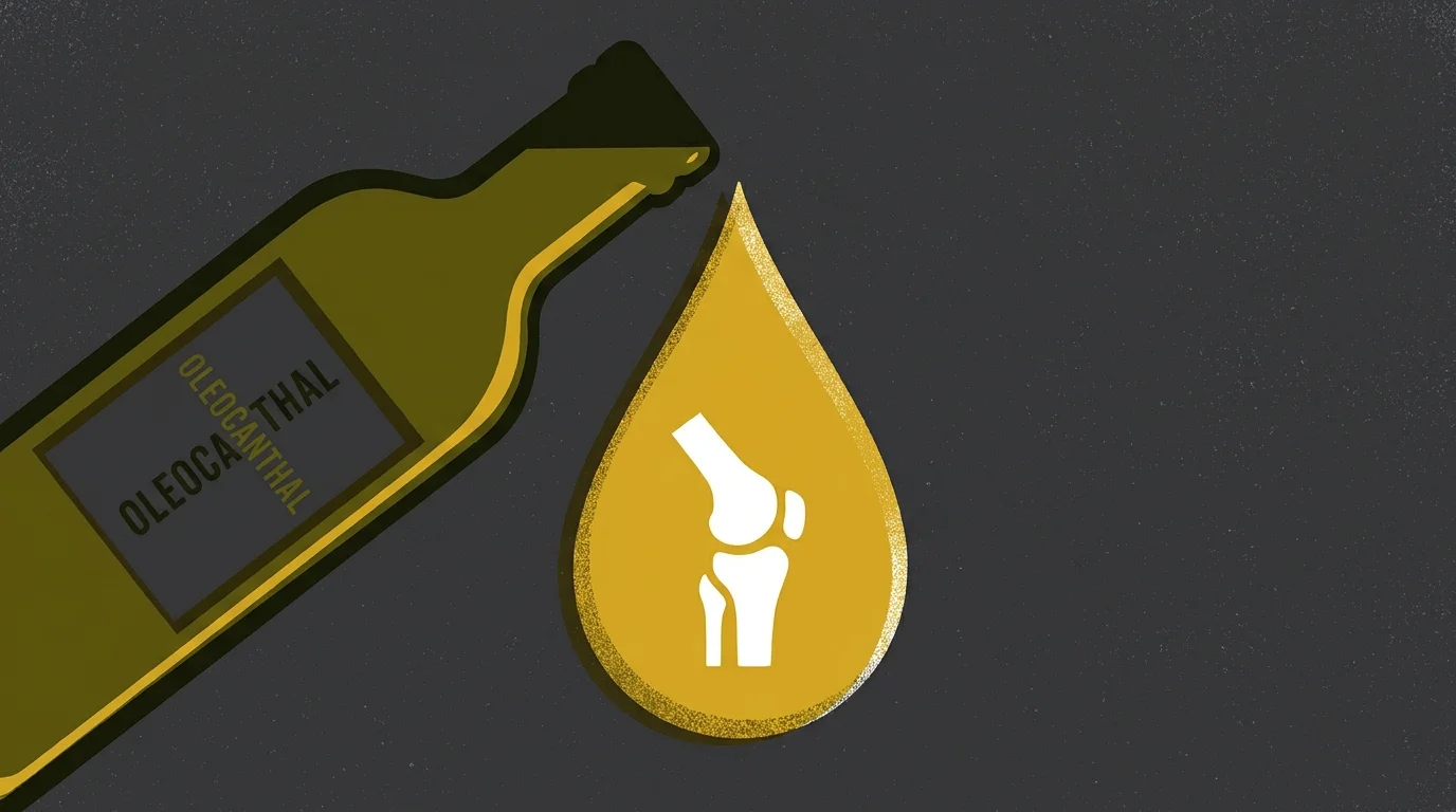 A screenprint-style illustration of an olive oil bottle with a golden drop protecting a joint icon.