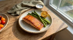 A seared salmon fillet with lemon and asparagus on a ceramic plate, shot in a bright, natural kitchen setting.