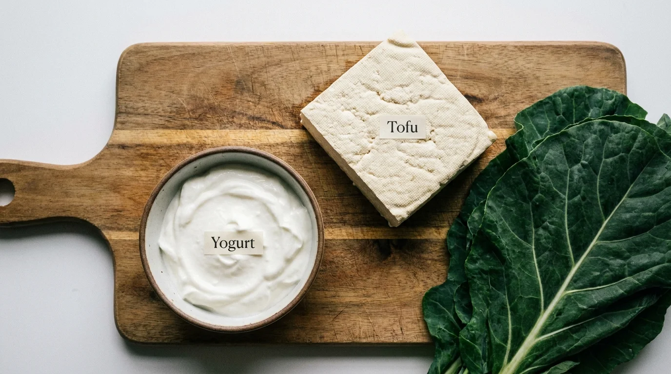 A selection of calcium-rich foods including firm tofu, Greek yogurt, and collard greens.