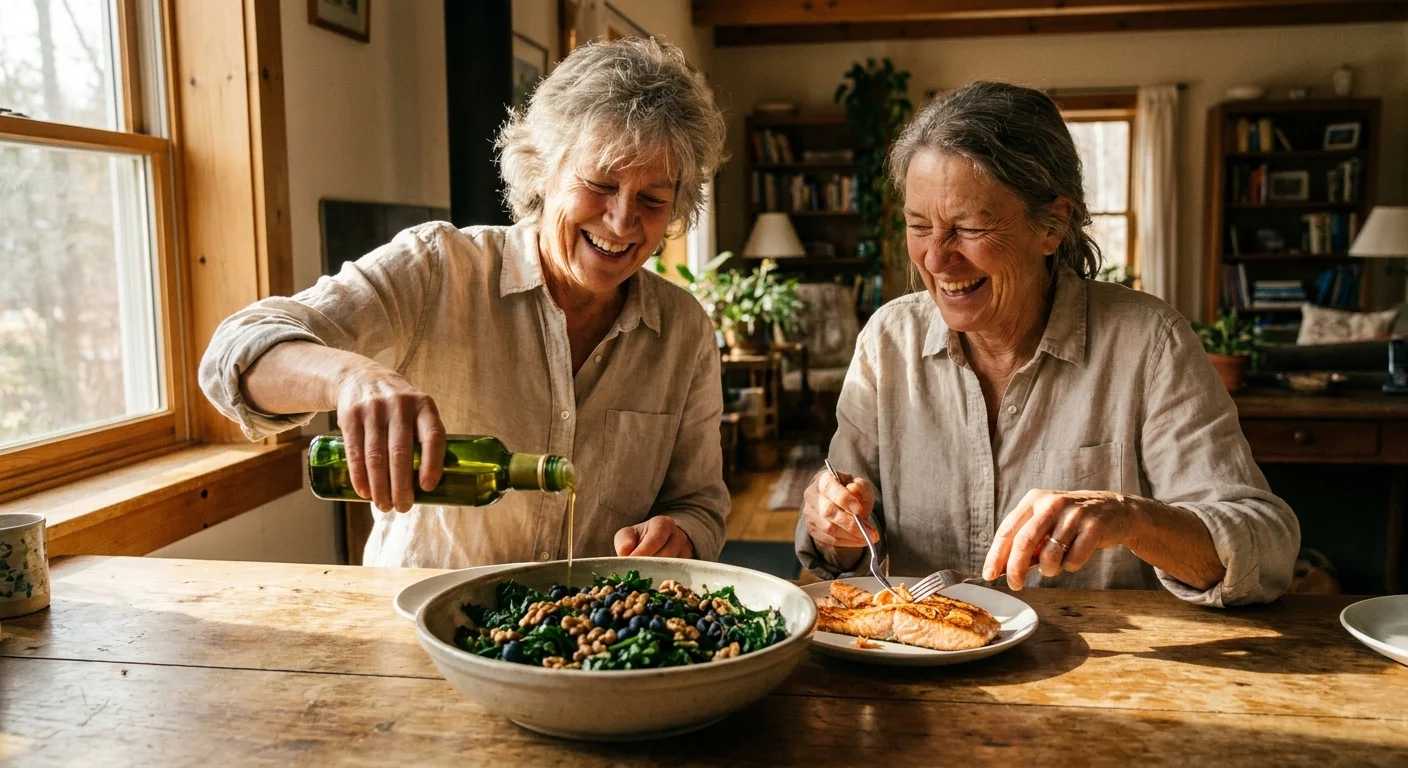A senior couple laughing in a sunlit kitchen while preparing a healthy meal with salmon, greens, and blueberries.