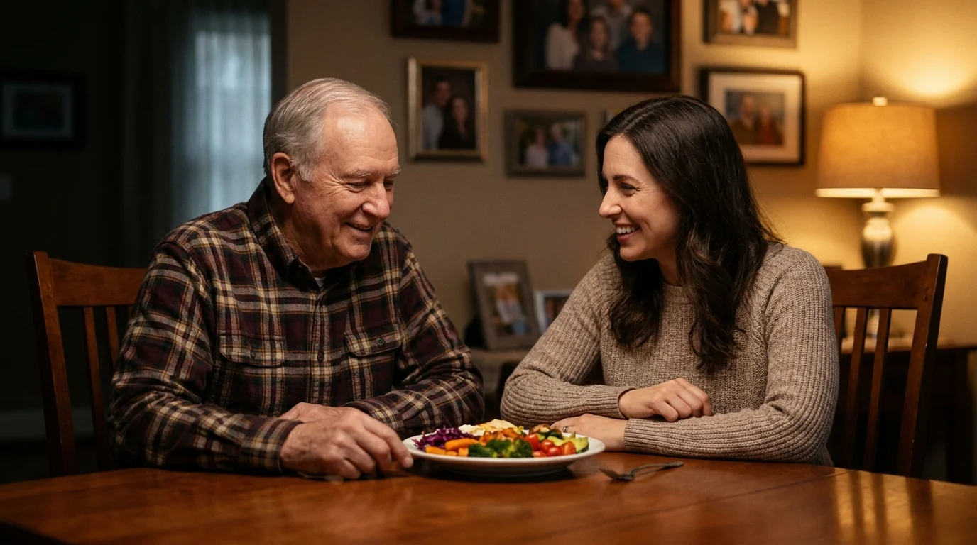 A senior man and a nutritionist having a friendly, casual conversation about healthy food at a dining table.