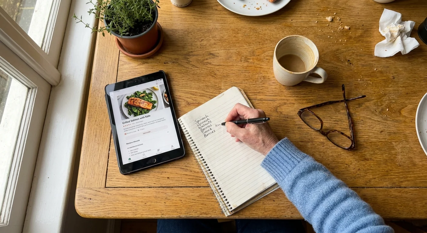 A senior person writing a healthy grocery list next to a tablet showing a salmon recipe.