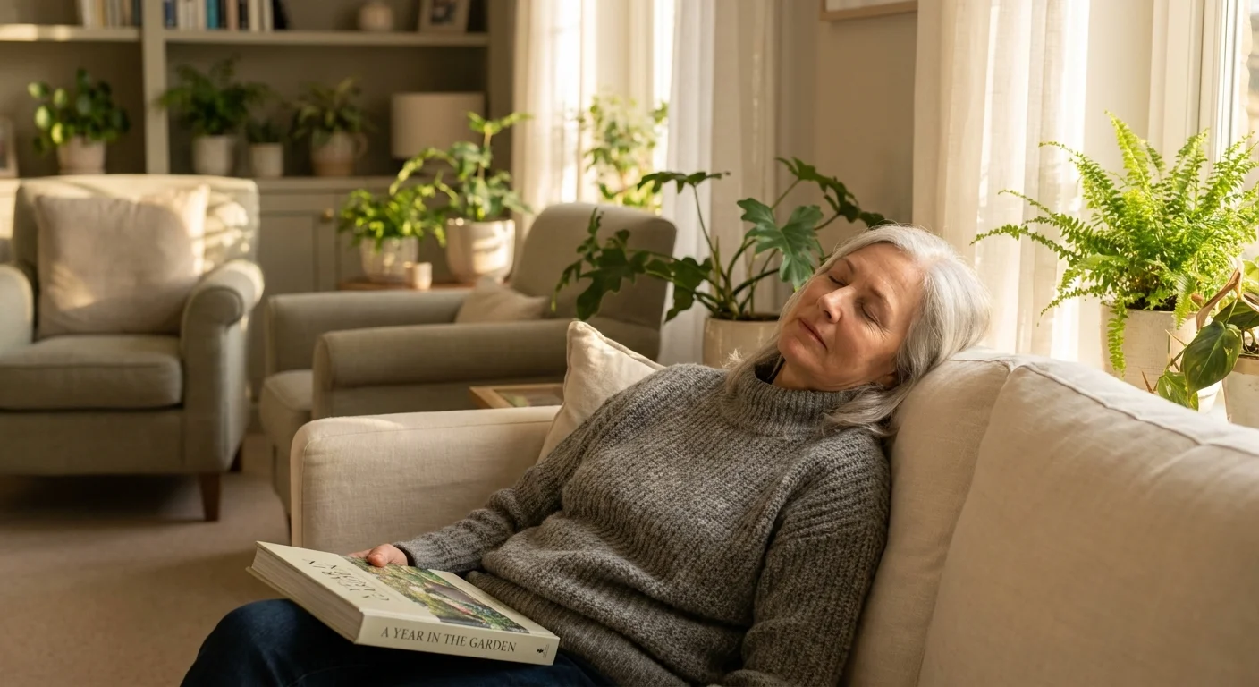 A senior woman resting peacefully on a sofa in a sunlit living room with a book on her lap.