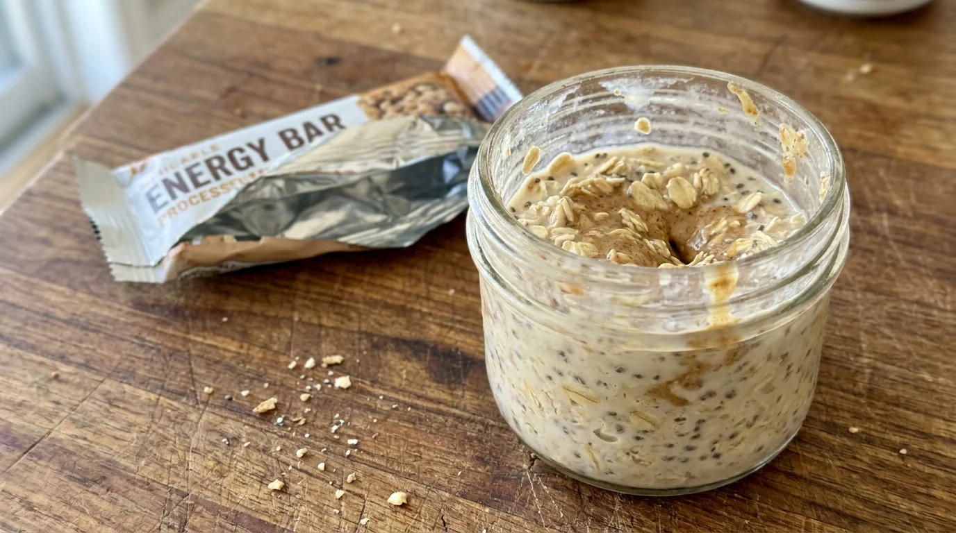 A side-by-side comparison of a high-protein oat jar versus a processed snack bar.
