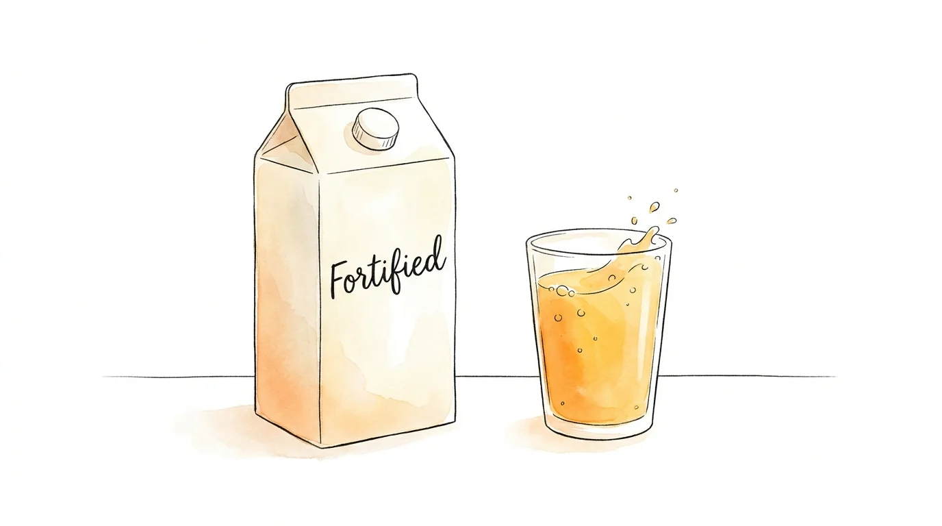 A simple watercolor of orange juice and plant milk, labeled as 'fortified' to show their bone-health benefits.