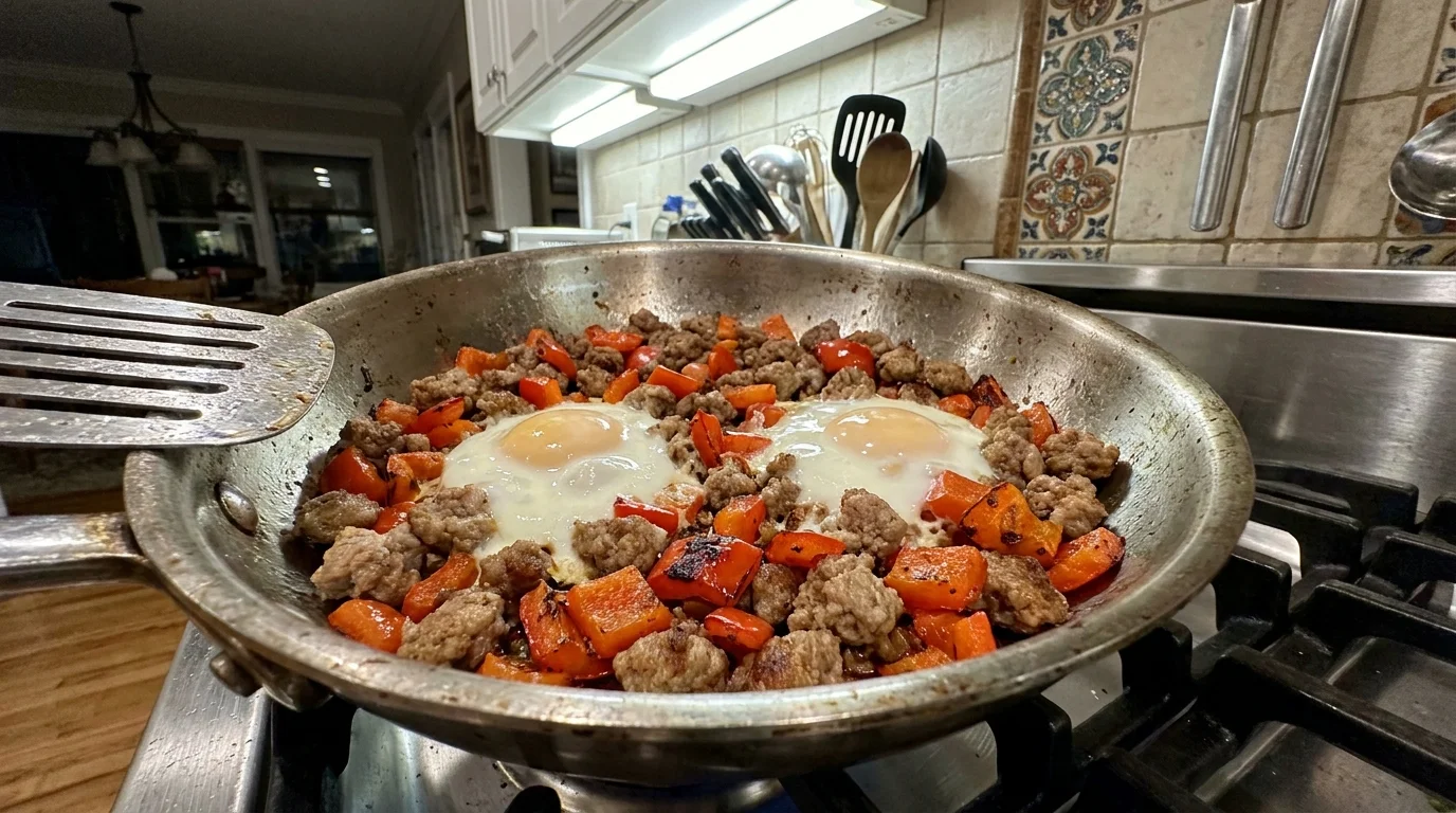 A skillet breakfast hash featuring turkey sausage, diced red peppers, and baked eggs.