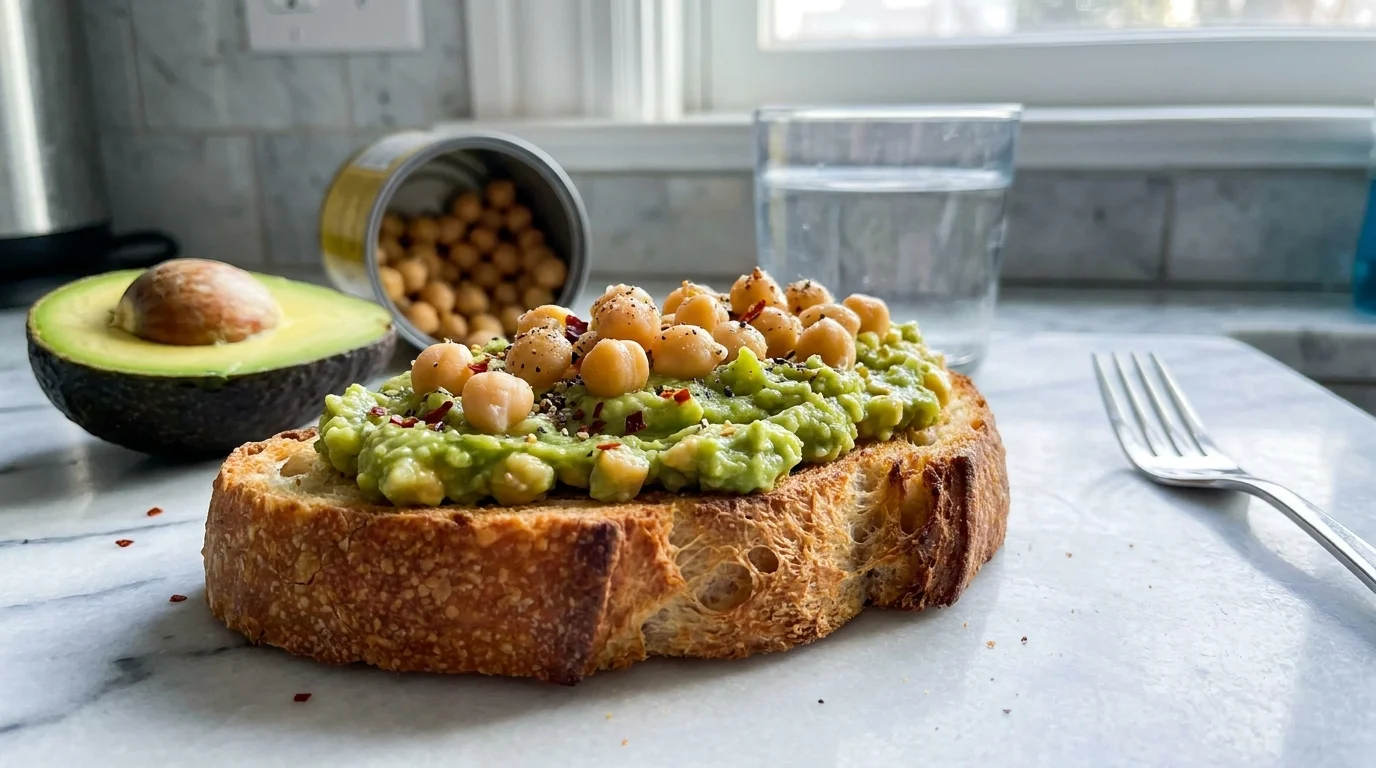 A slice of toasted sourdough topped with a thick avocado and chickpea mash on a marble counter.