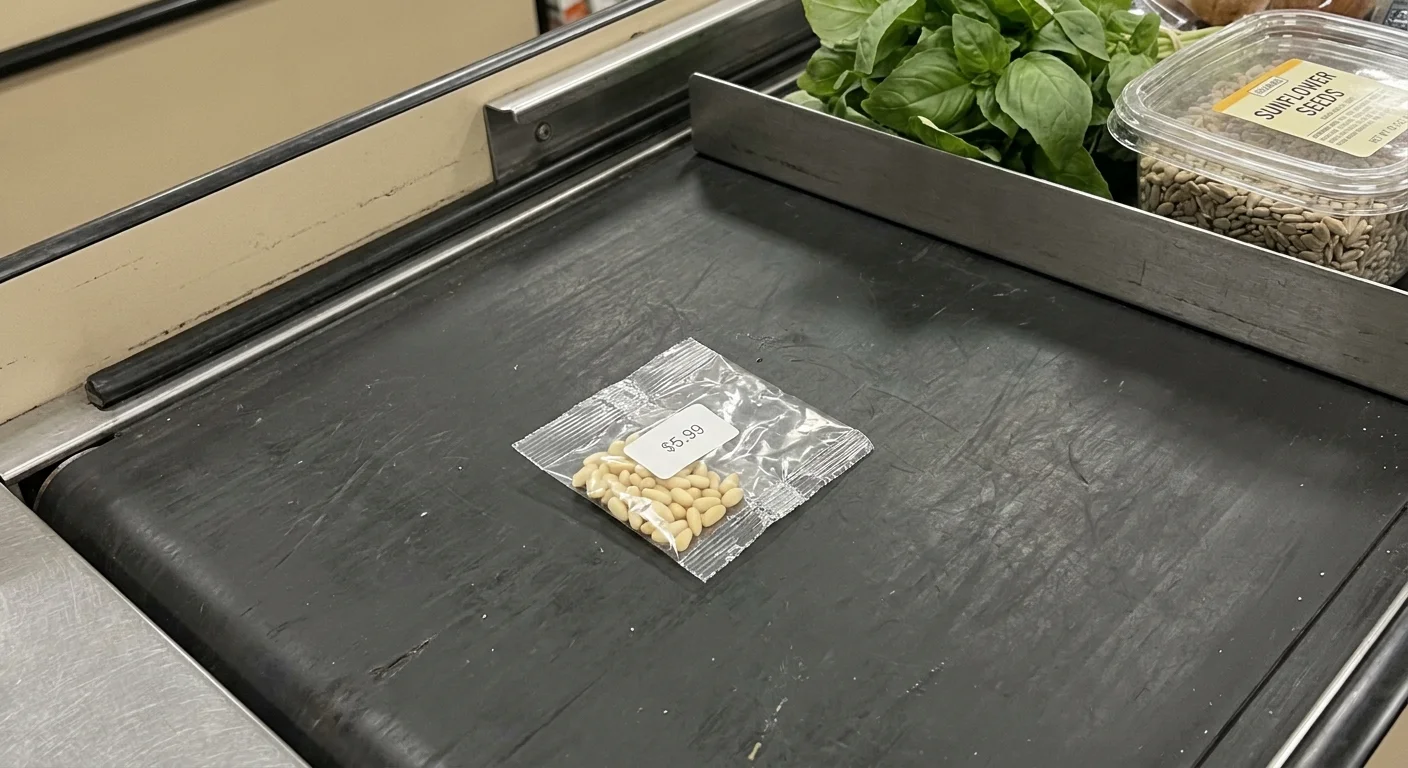 A small bag of expensive pine nuts on a grocery store checkout belt next to fresh basil.