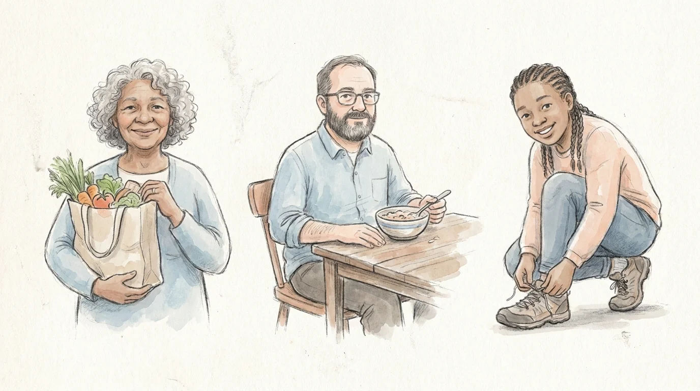 A soft pencil sketch of three diverse people, each practicing one of the healthy habits from the article.