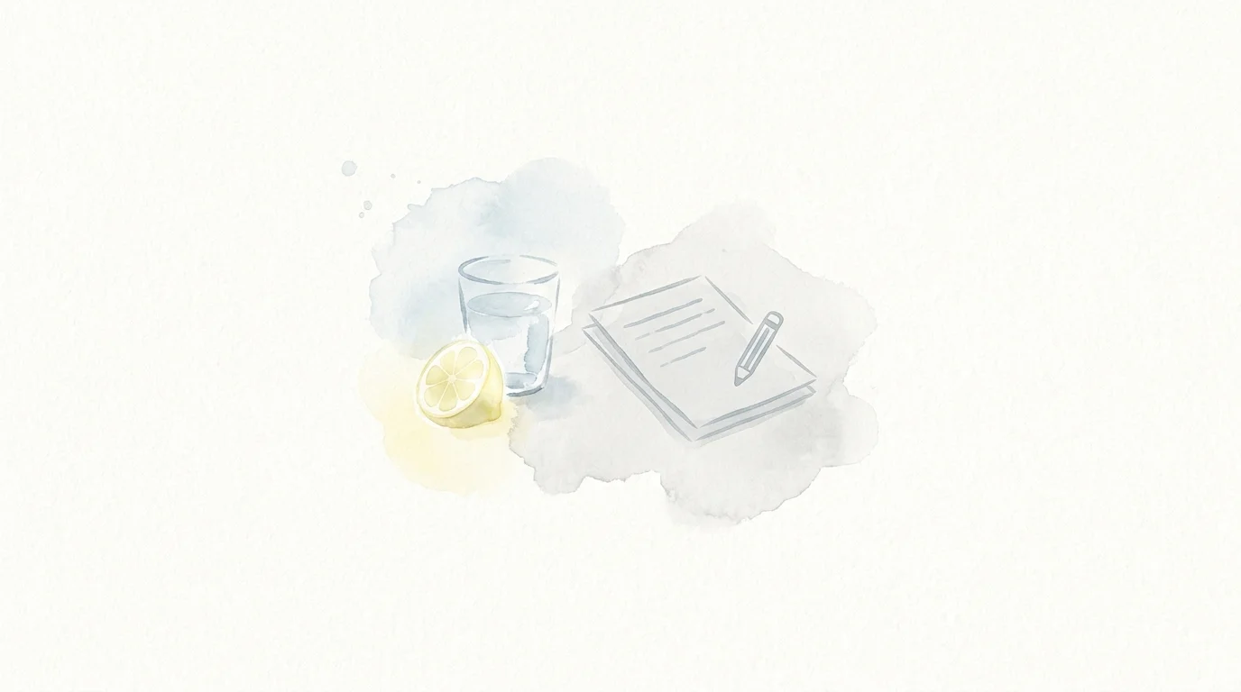 A soft watercolor illustration of a glass of water, a lemon, and a notepad, representing personalized health consultation.