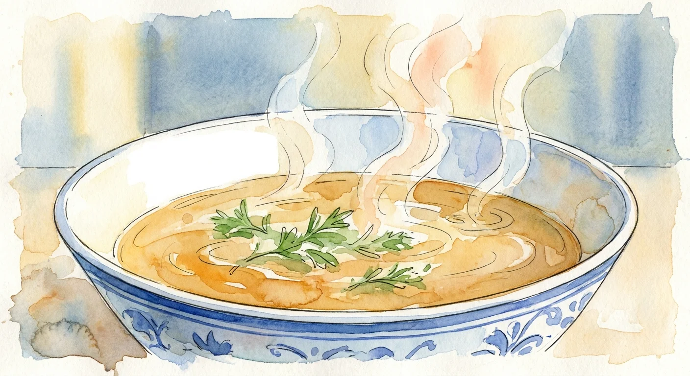 A soft watercolor painting of a steaming bowl of golden bone broth, evoking a sense of warmth and healing.