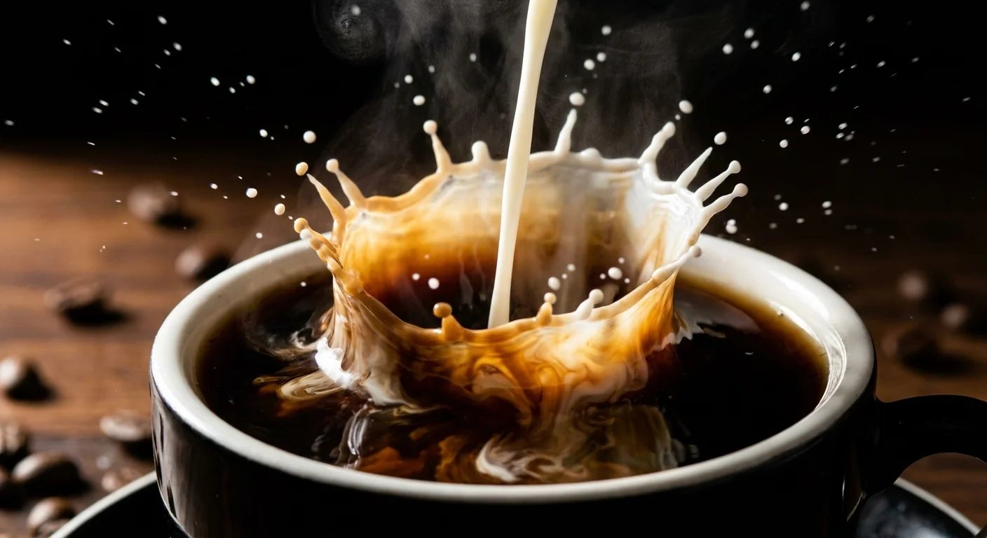 A splash of white creamer hitting a cup of black coffee, creating a dynamic swirl.
