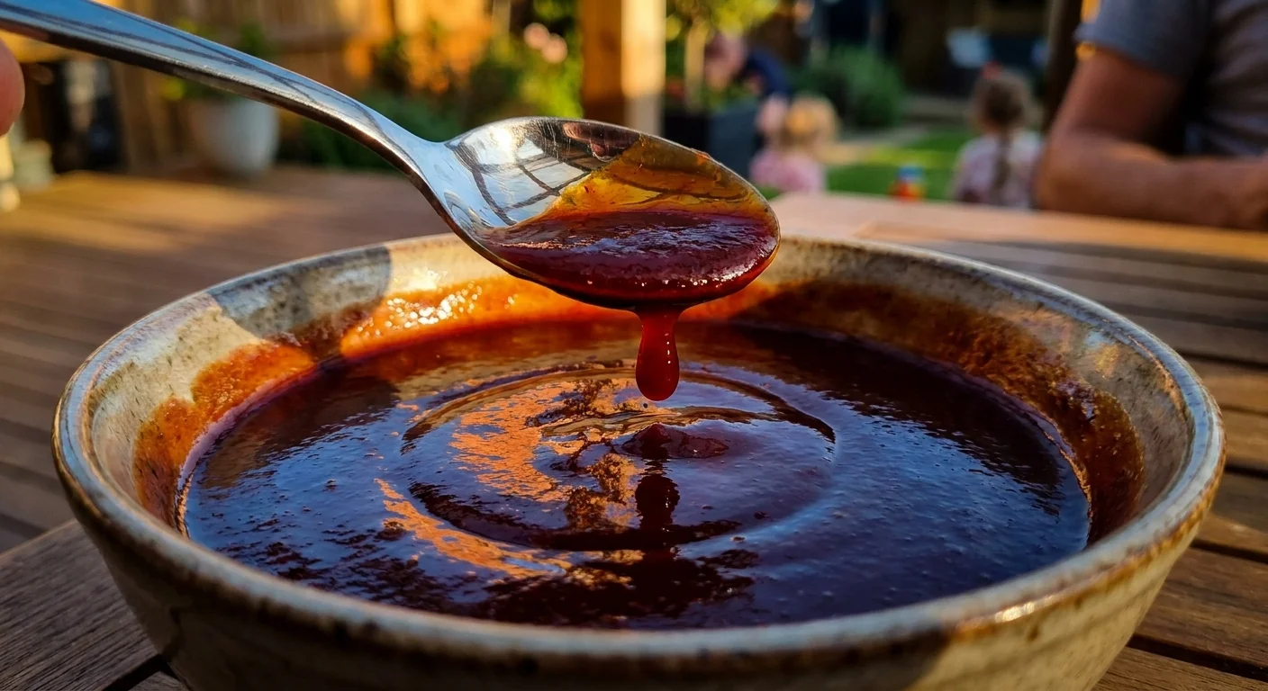 A spoon lifting thick, glossy barbecue sauce, showing its syrupy consistency.