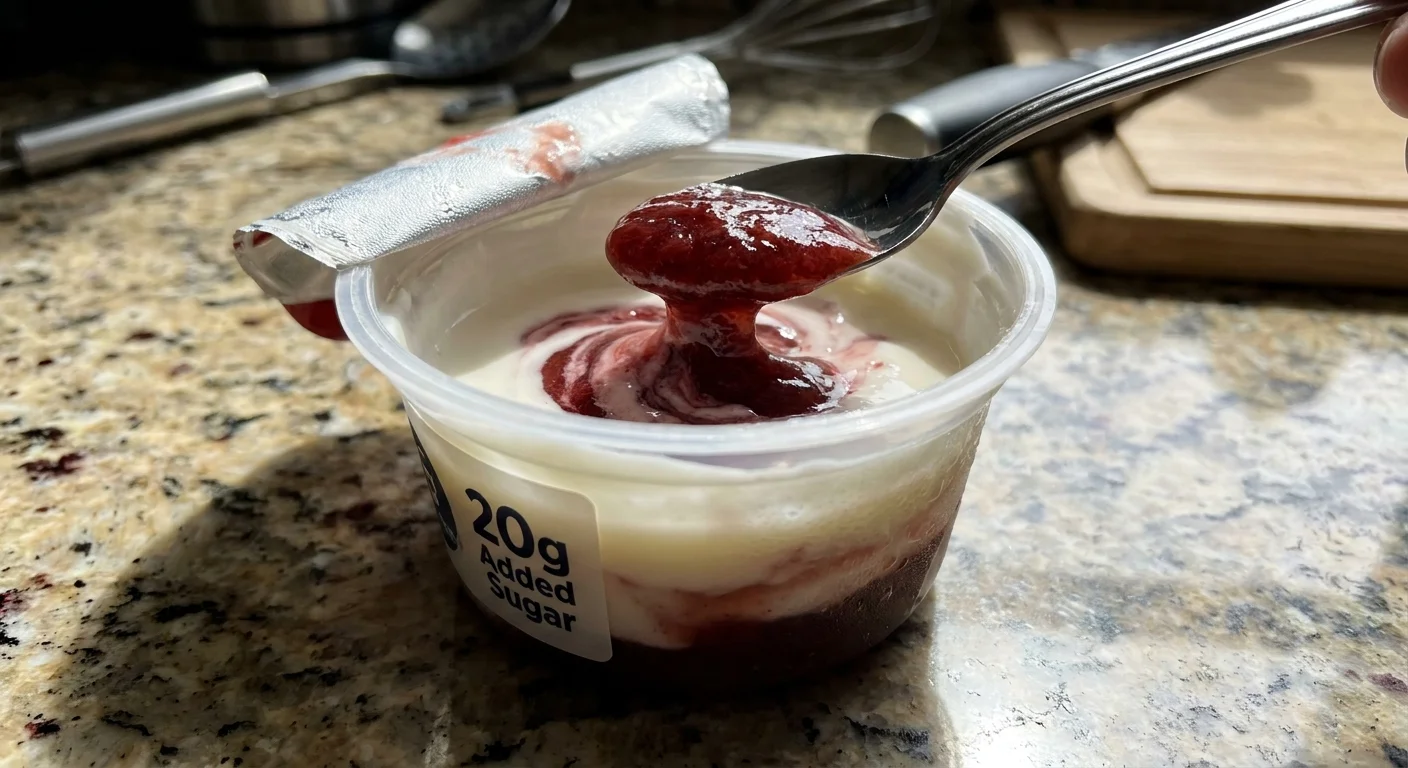 A spoon stirring sugary fruit syrup from the bottom of a yogurt cup, with a label showing 20g of added sugar.