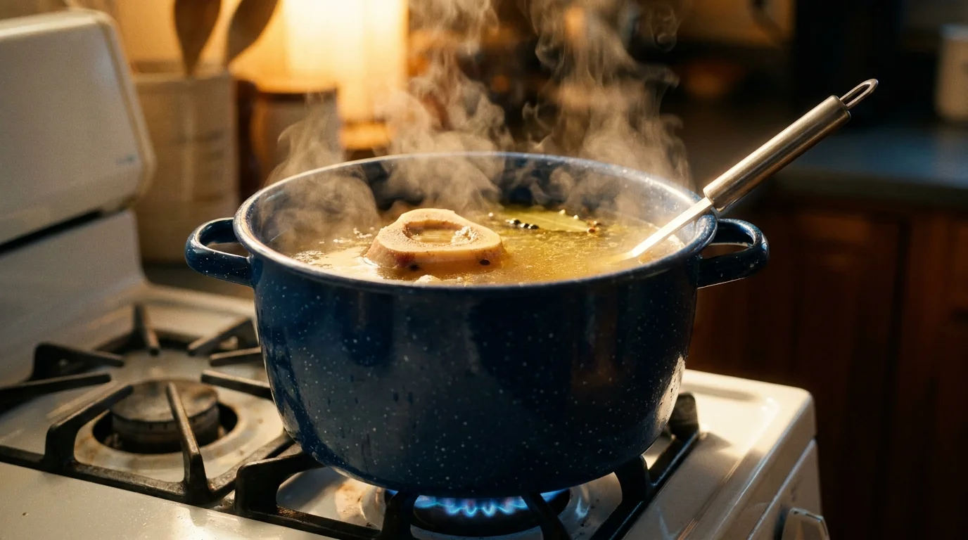 A steaming blue enamel pot of golden bone broth simmering on a vintage gas stove in a cozy kitchen.