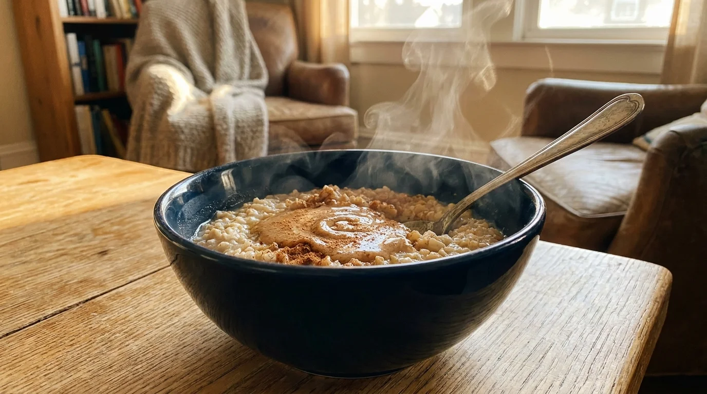 A steaming bowl of oatmeal topped with cinnamon and nut butter on a wooden table.