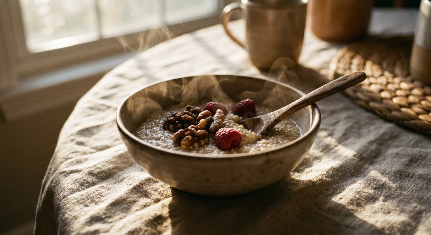 A steaming bowl of quinoa porridge topped with crunchy walnuts and red raspberries on a linen tablecloth.