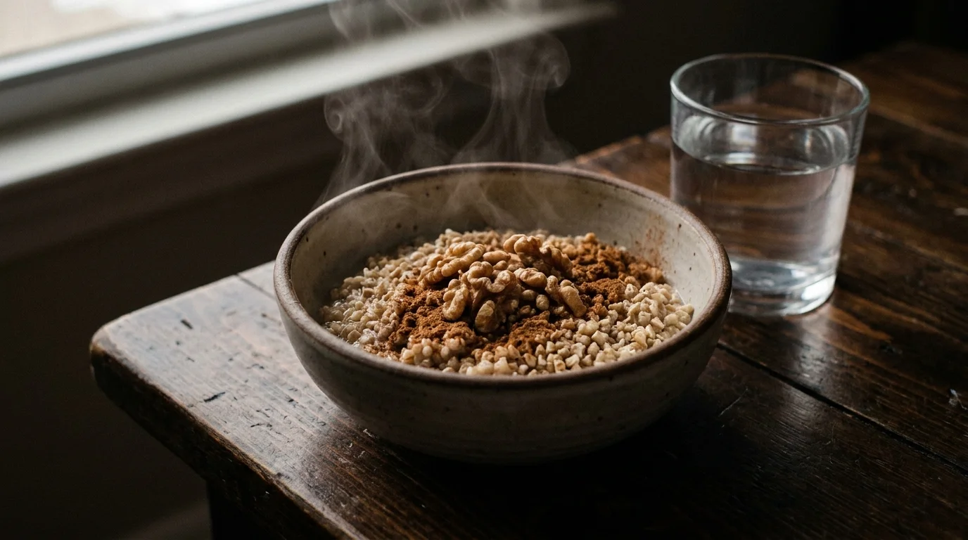 A steaming bowl of steel-cut oatmeal on a wooden table, suggesting a hearty and healthy breakfast.