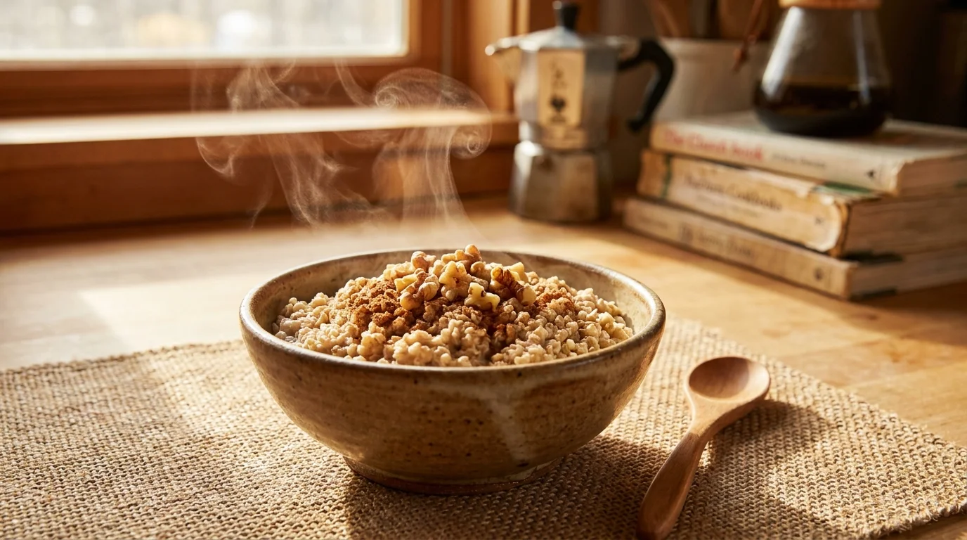 A steaming bowl of steel-cut oats topped with walnuts, highlighting the texture of minimally processed grains.