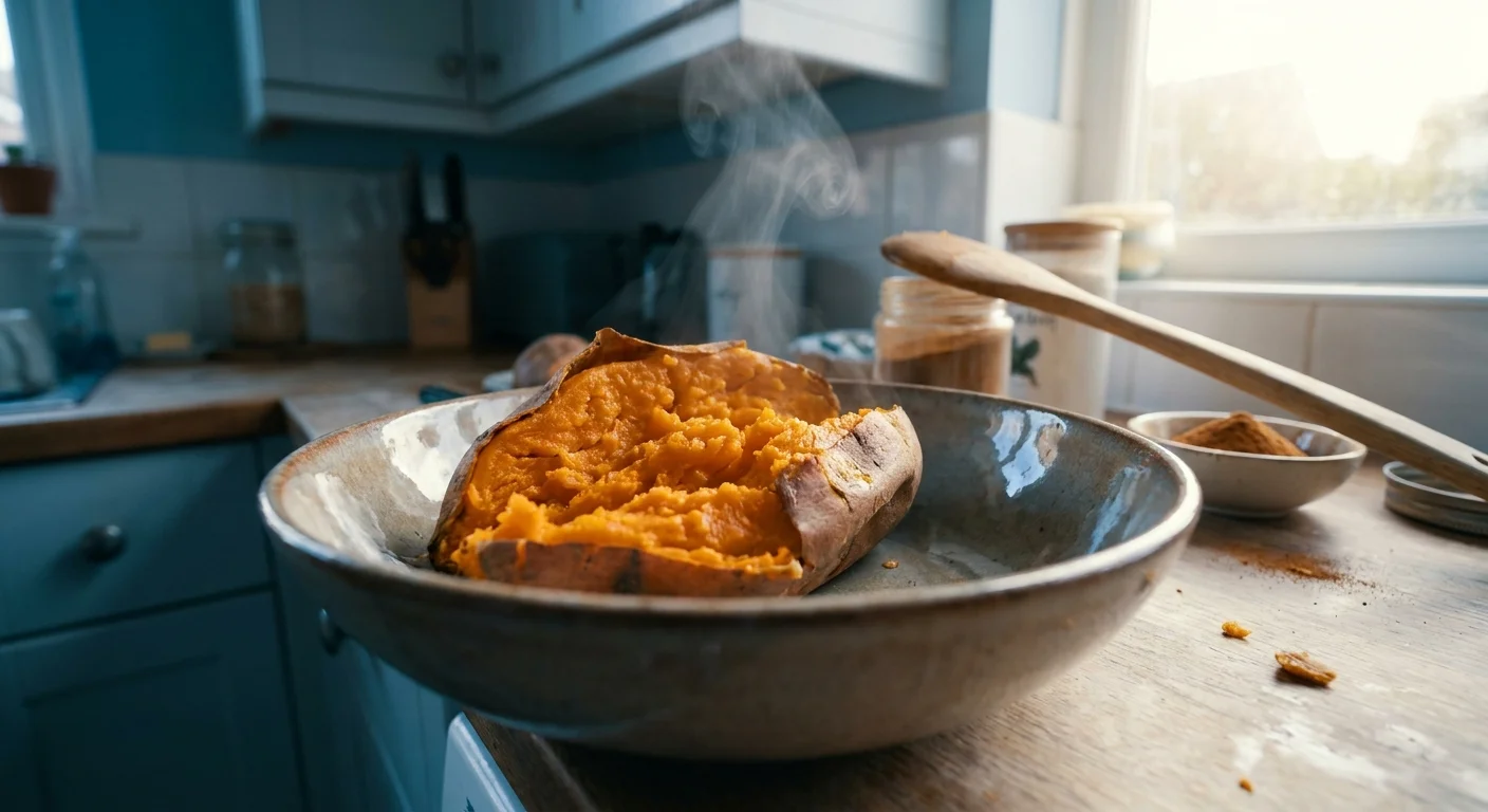 A steaming, halved sweet potato in a bowl, captured in a bright, natural kitchen setting.