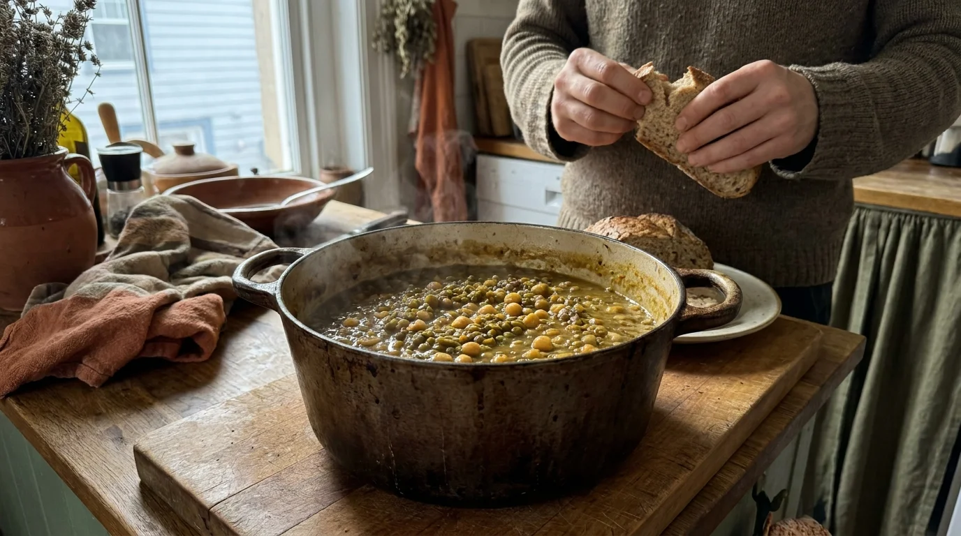 A steaming pot of lentil and chickpea stew on a wooden board in a home kitchen setting.