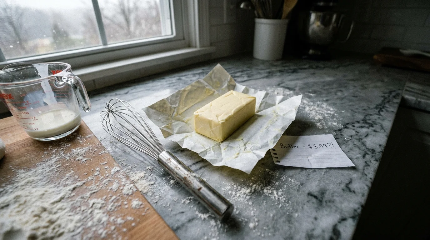 A stick of butter being unwrapped on a flour-covered marble counter during a baking session.