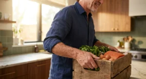 A strong senior man in his late 60s carrying a heavy crate of healthy groceries in a bright, sunny kitchen, showing muscle definition.