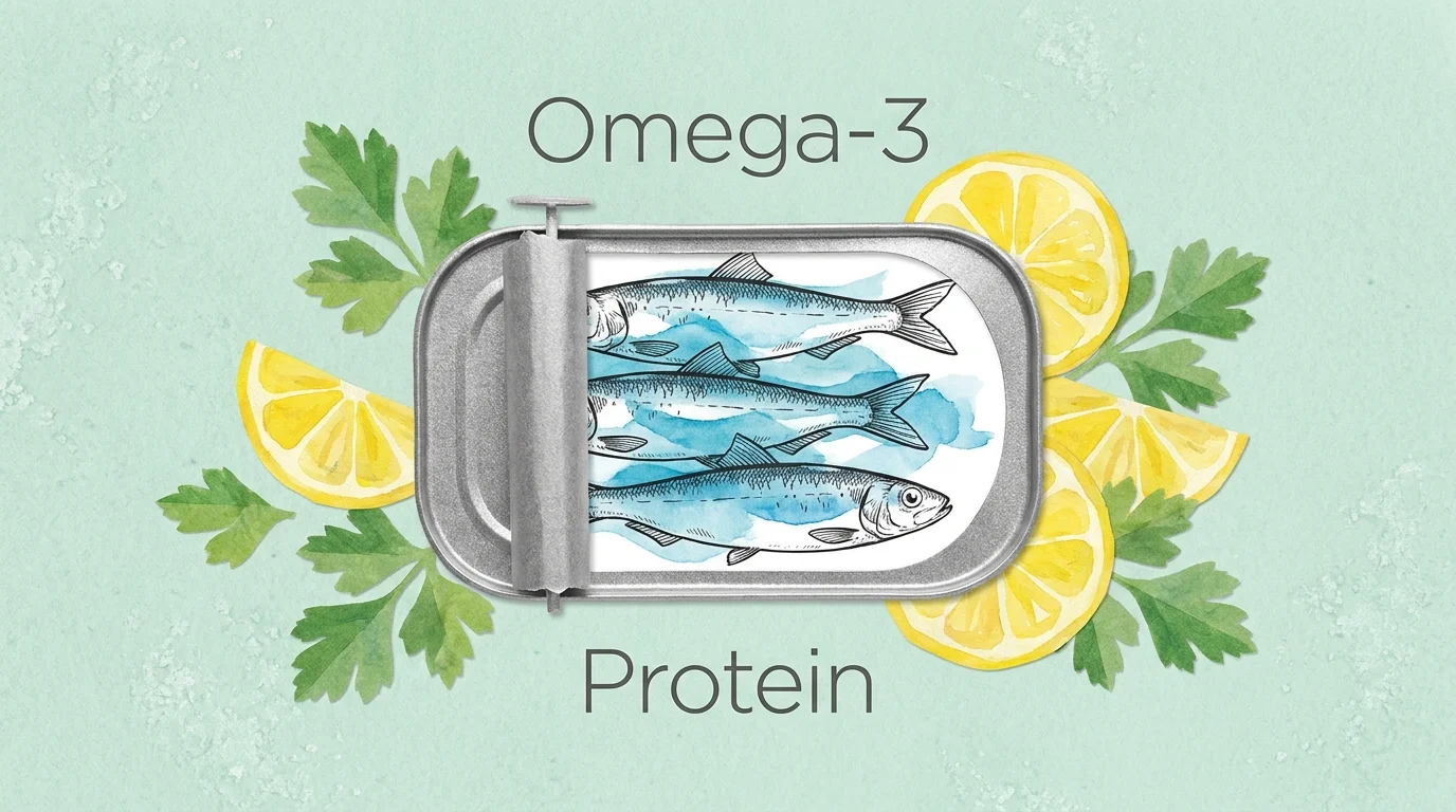 A stylized collage of a sardine tin with lemon and parsley, labeled Omega-3.
