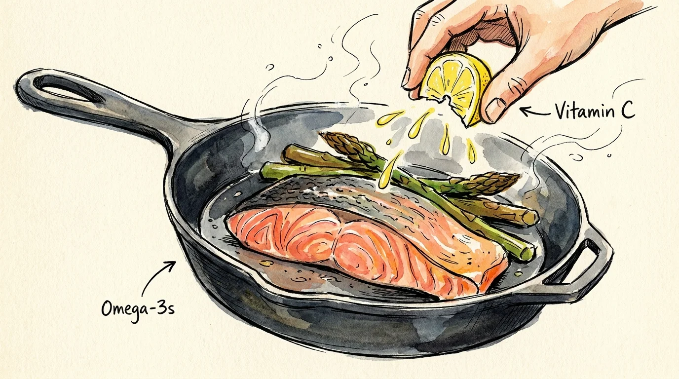 A stylized gouache illustration of salmon and asparagus cooking in a skillet with lemon juice being squeezed over the top.